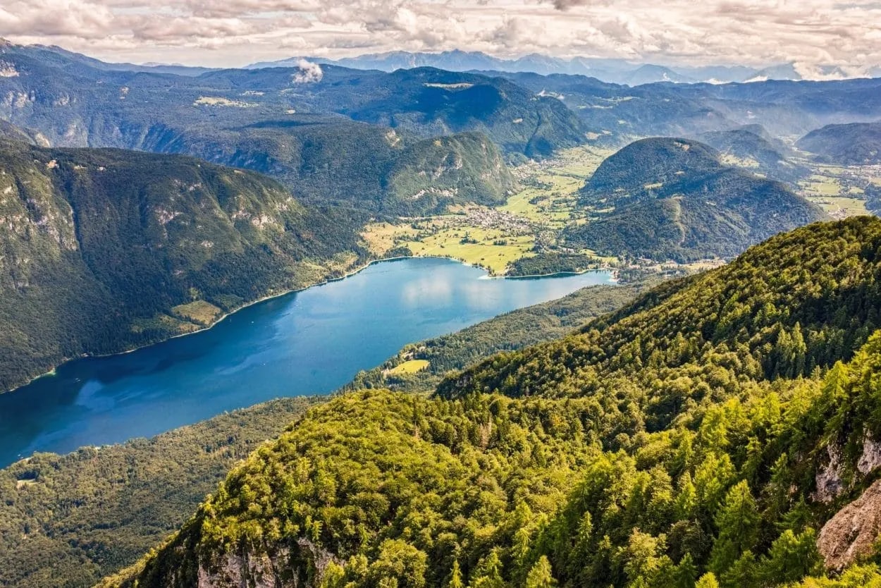 panoramic view of bohinj lake from vogel