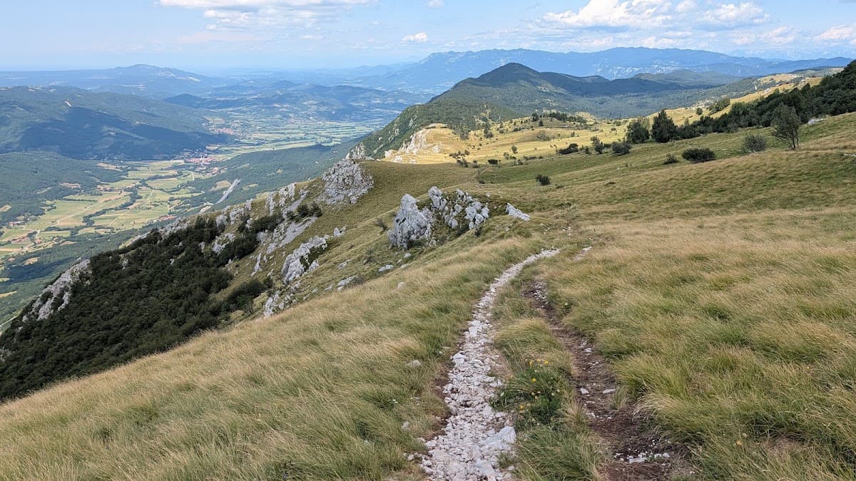 Hiking trail winding through grassy mountain ridge overlooking valley