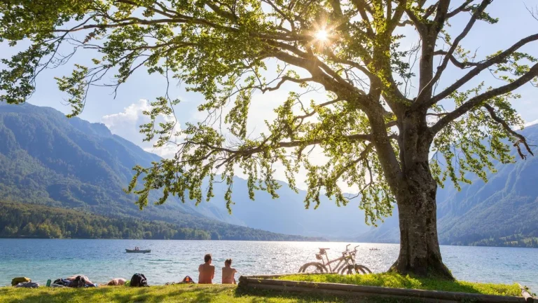 Genieten van de dag op het strand van het Bohinj meer